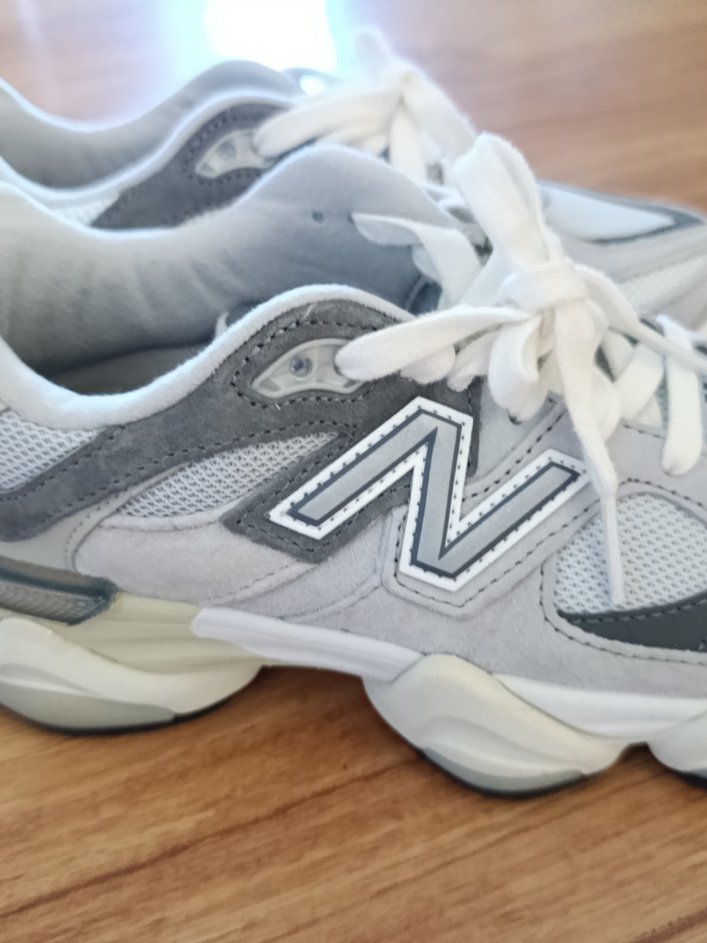 New Balance Light Gray & White Leather Mesh Sneakers